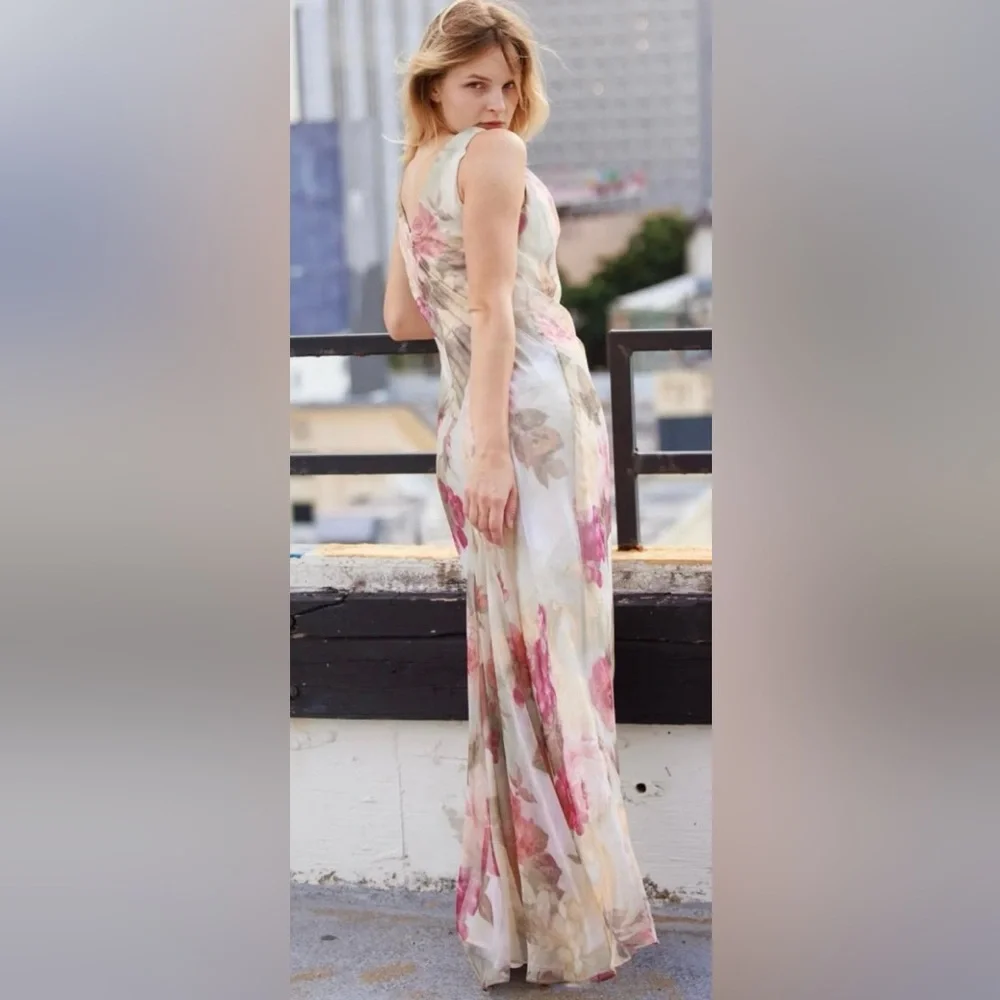 Vintage Jeffery & Dara Evening by Tom Barra Long Elegant Cream Floral Maxi Sz 16 - Picture 2 of 9